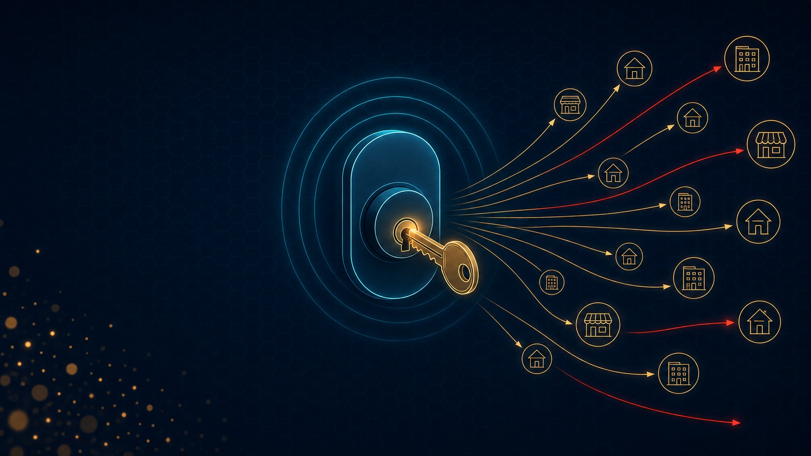 A newly installed door lock lit in cyan with a gold key already turning in it, gold and red lines fanning outward to small houses, offices and storefronts