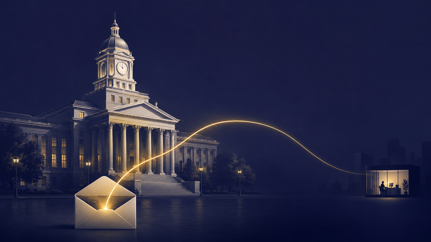 A city hall building with a wire payment being quietly redirected away by a fraudulent email.