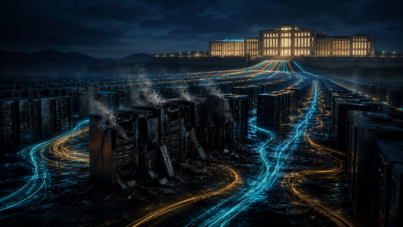 A field of server racks at night, several broken and smoking, with data streams rerouting around them toward a lit institutional building on a rise behind a wall