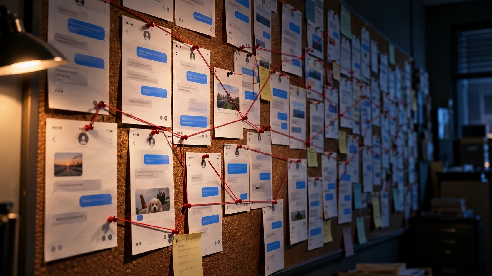 A detective's corkboard covered with pinned printed text-message screenshots connected by red string, each message mundane on its own while the pattern between them is the case