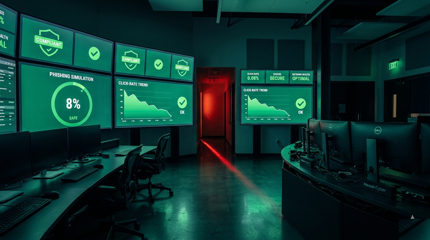 Security operations center monitors showing green phishing simulation dashboards while a breach glows red behind