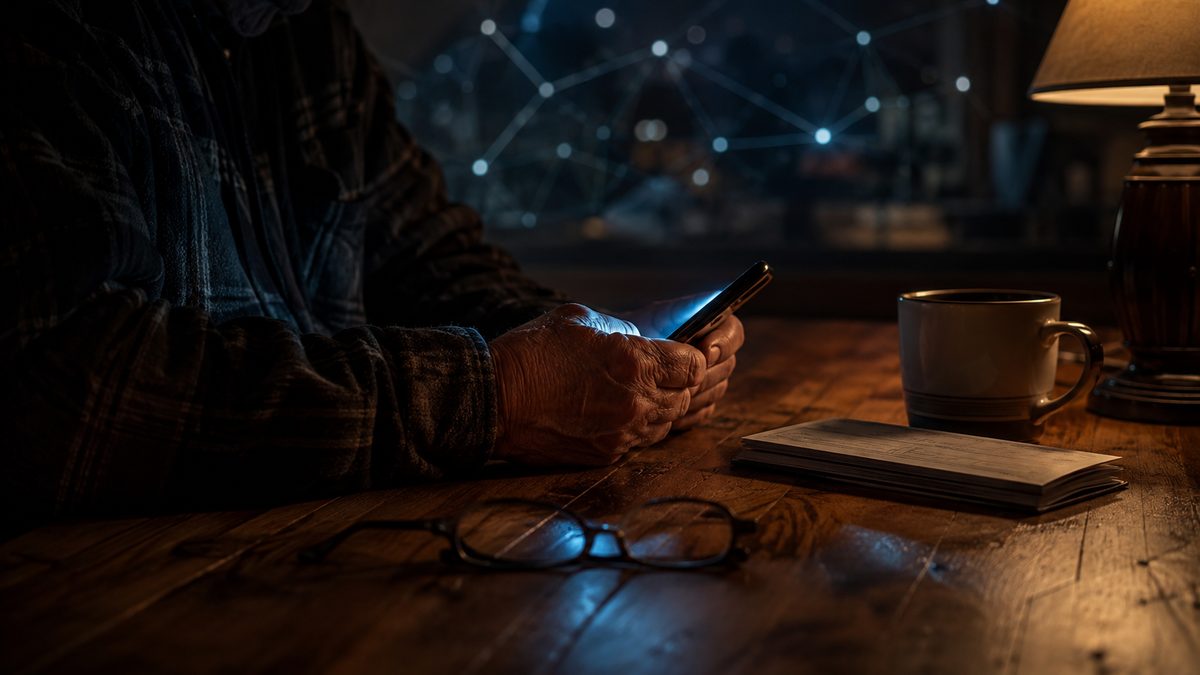 An older adult's hands holding a glowing smartphone at a dark wooden table at night, with reading glasses, a checkbook, and a coffee mug nearby, and a faint network of connected points visible in the blurred background, illustrating organized sextortion targeting adults.